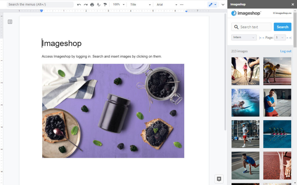 Skjermbilde av Google Docs med bildevelgeren til Imageshop åpnet.