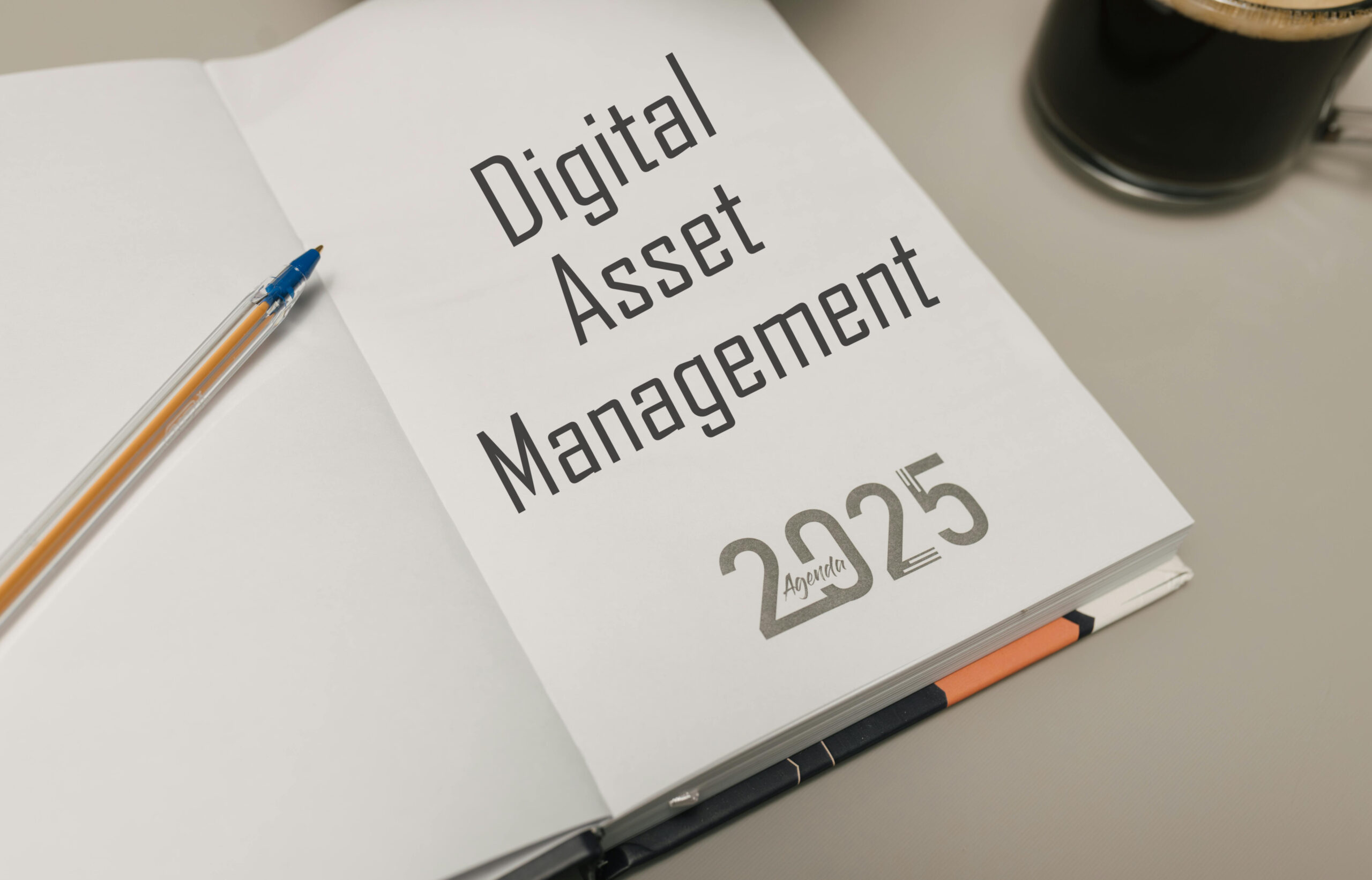En åpen bok med teksten "Digital Asset Management 2025" i store bokstaver på en side.